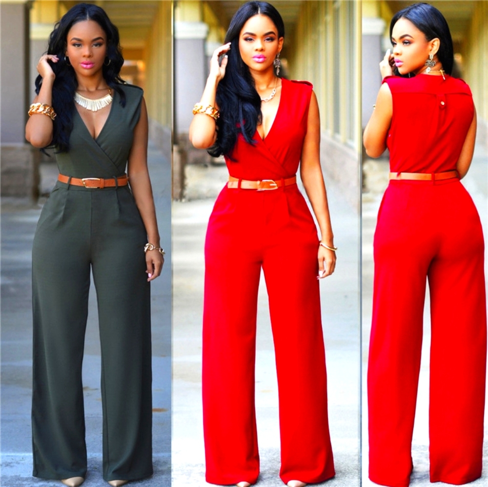V Neck Straight Leg Jumpsuit